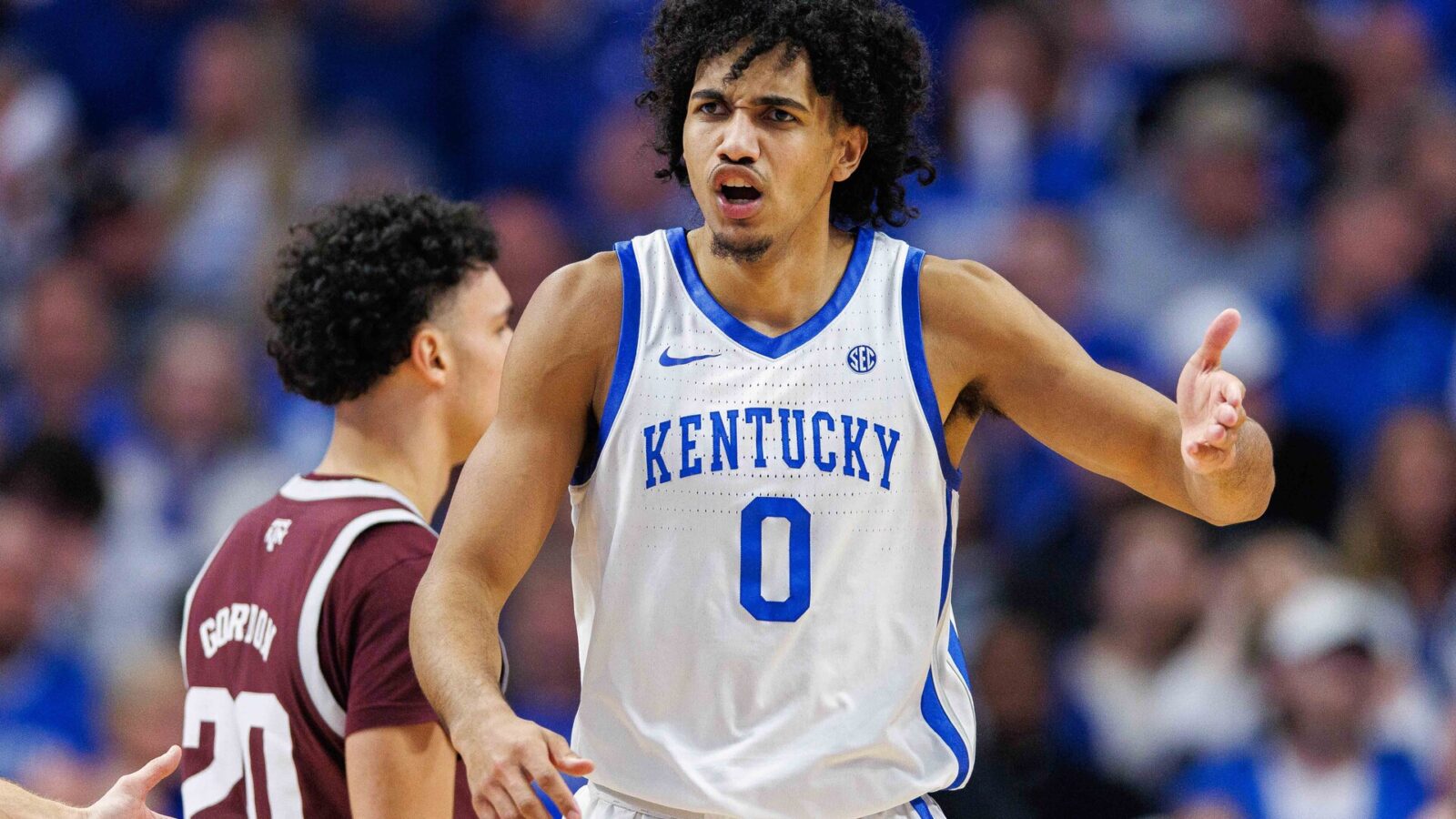 Kentucky Wildcats forward Jacob Toppin (0) reacts during the second half against the Texas A&M Aggies at Rupp Arena at Central Bank Center.