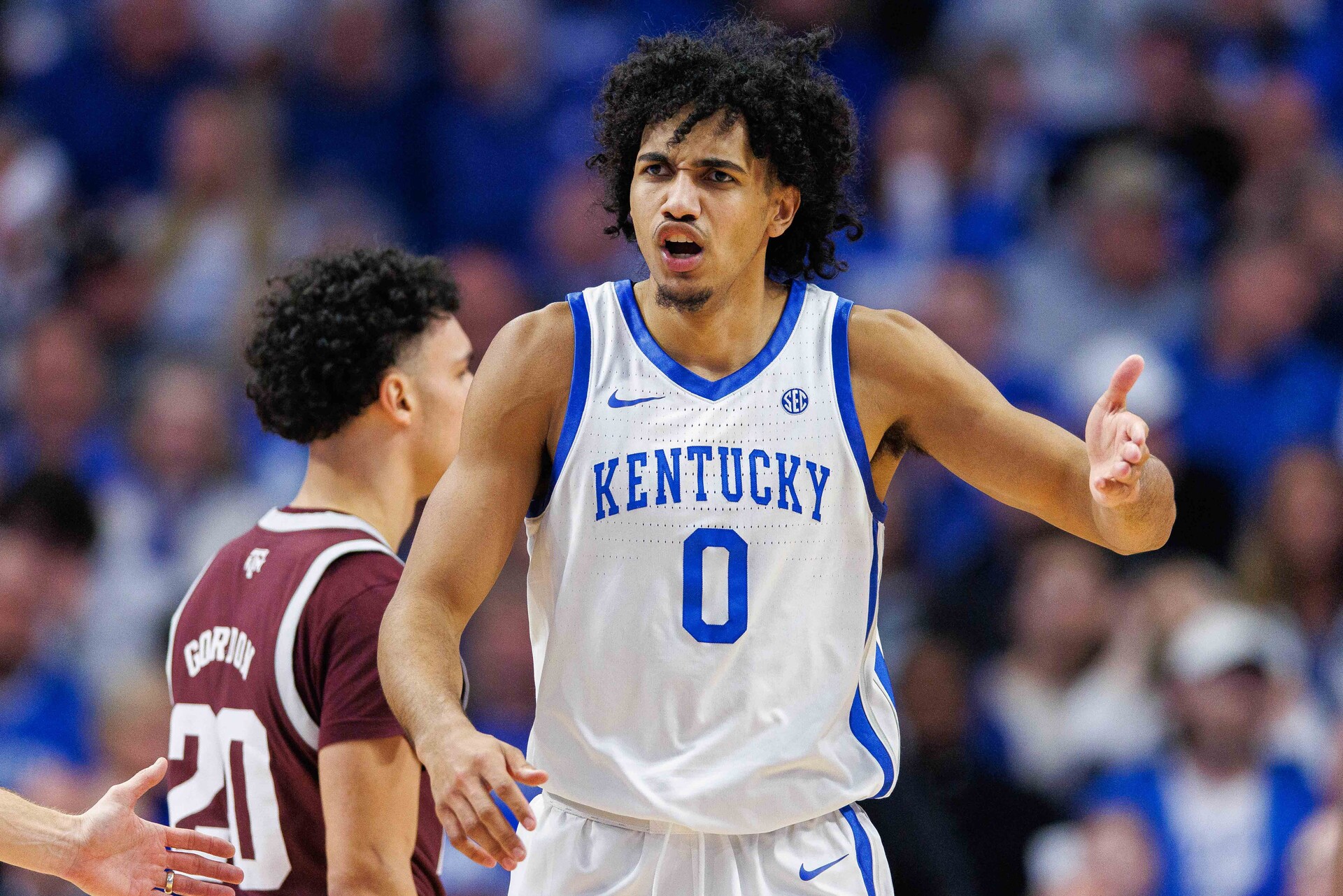 Kentucky Wildcats forward Jacob Toppin (0) reacts during the second half against the Texas A&M Aggies at Rupp Arena at Central Bank Center.