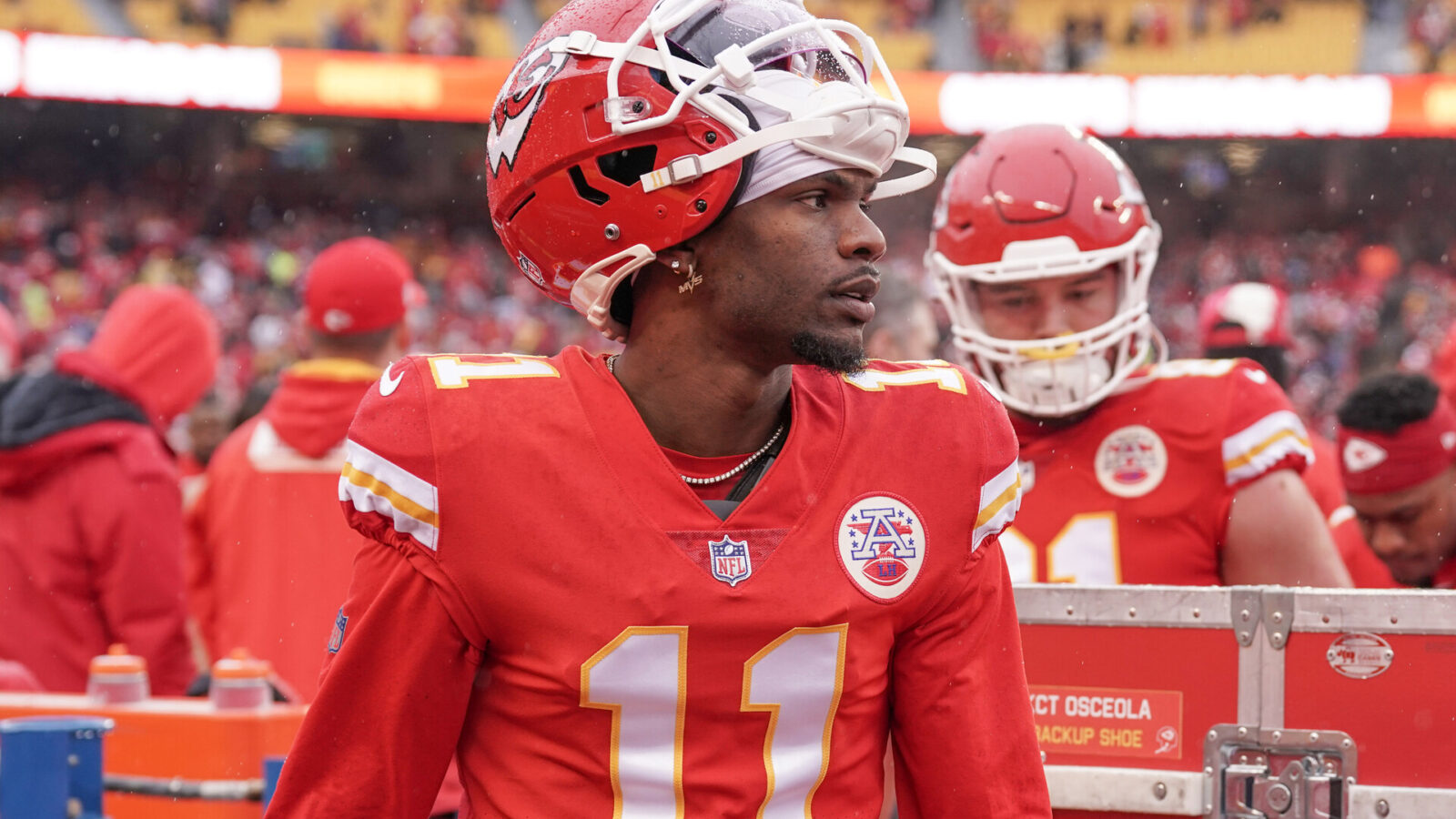 Kansas City Chiefs wide receiver Marquez Valdes-Scantling (11) leaves the field after warm ups prior to an AFC divisional round game against the Jacksonville Jaguars at GEHA Field at Arrowhead Stadium.