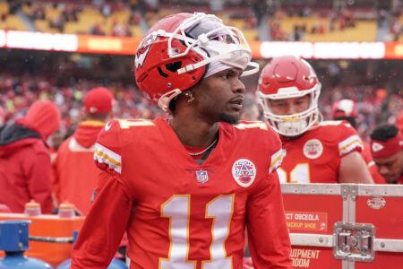 Kansas City Chiefs wide receiver Marquez Valdes-Scantling (11) leaves the field after warm ups prior to an AFC divisional round game against the Jacksonville Jaguars at GEHA Field at Arrowhead Stadium.