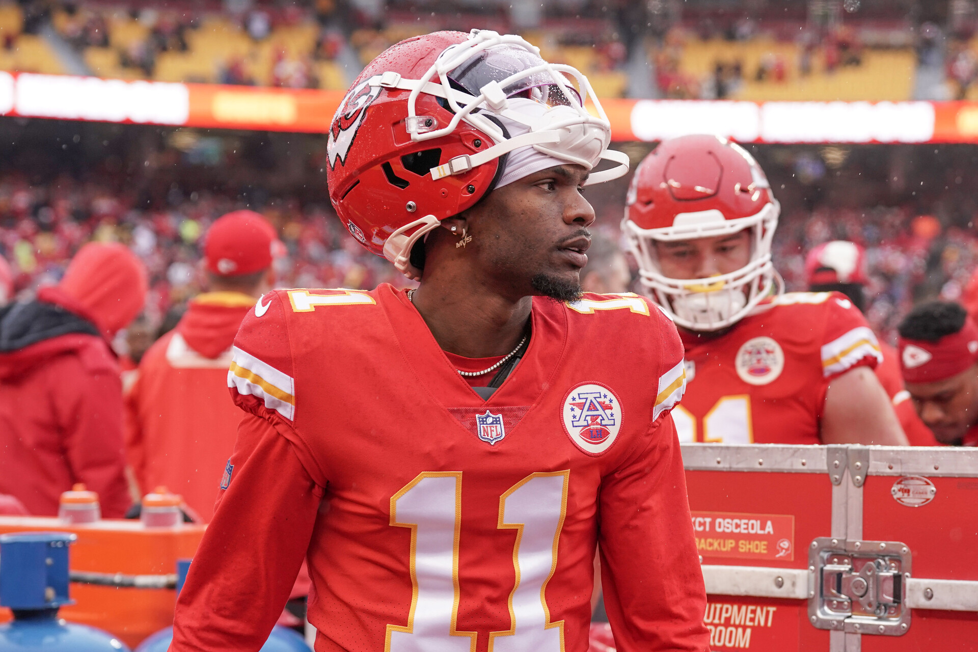 Kansas City Chiefs wide receiver Marquez Valdes-Scantling (11) leaves the field after warm ups prior to an AFC divisional round game against the Jacksonville Jaguars at GEHA Field at Arrowhead Stadium.