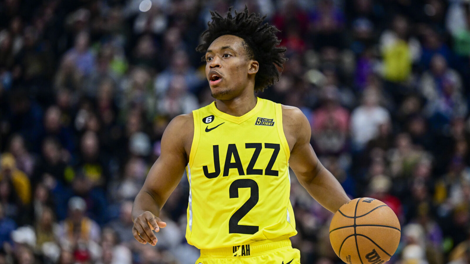 Utah Jazz guard Collin Sexton (2) looks for an open man against the Atlanta Hawks during the second half at Vivint Arena.
