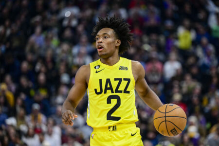 Utah Jazz guard Collin Sexton (2) looks for an open man against the Atlanta Hawks during the second half at Vivint Arena.
