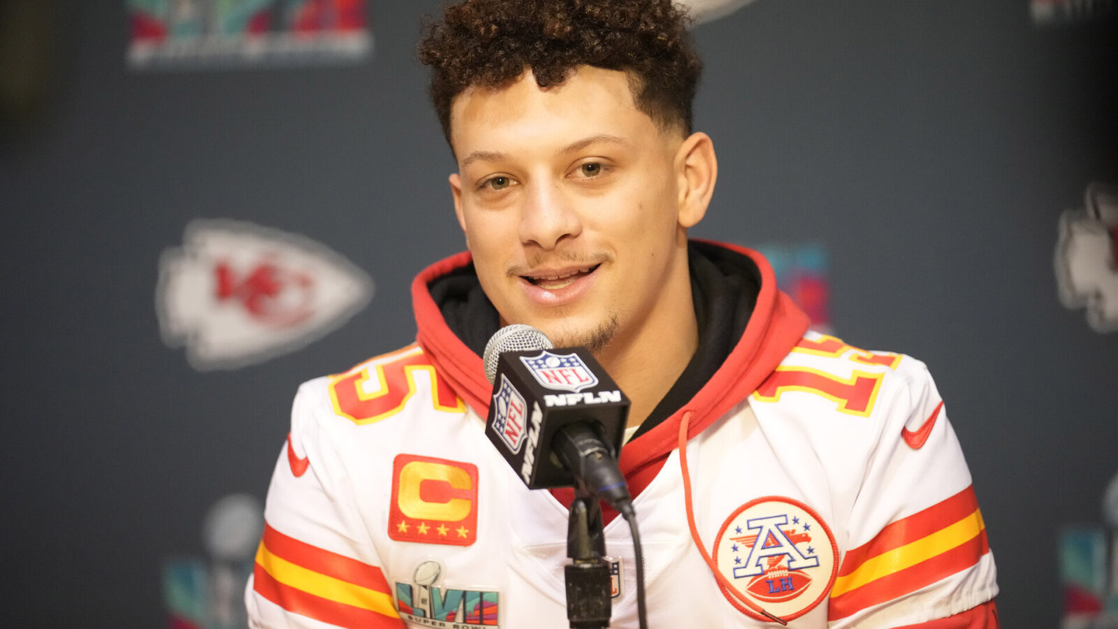 Kansas City Chiefs quarterback Patrick Mahomes answers questions during team media availability at Hyatt Regency Scottsdale Resort & Spa at Gainey Ranch.