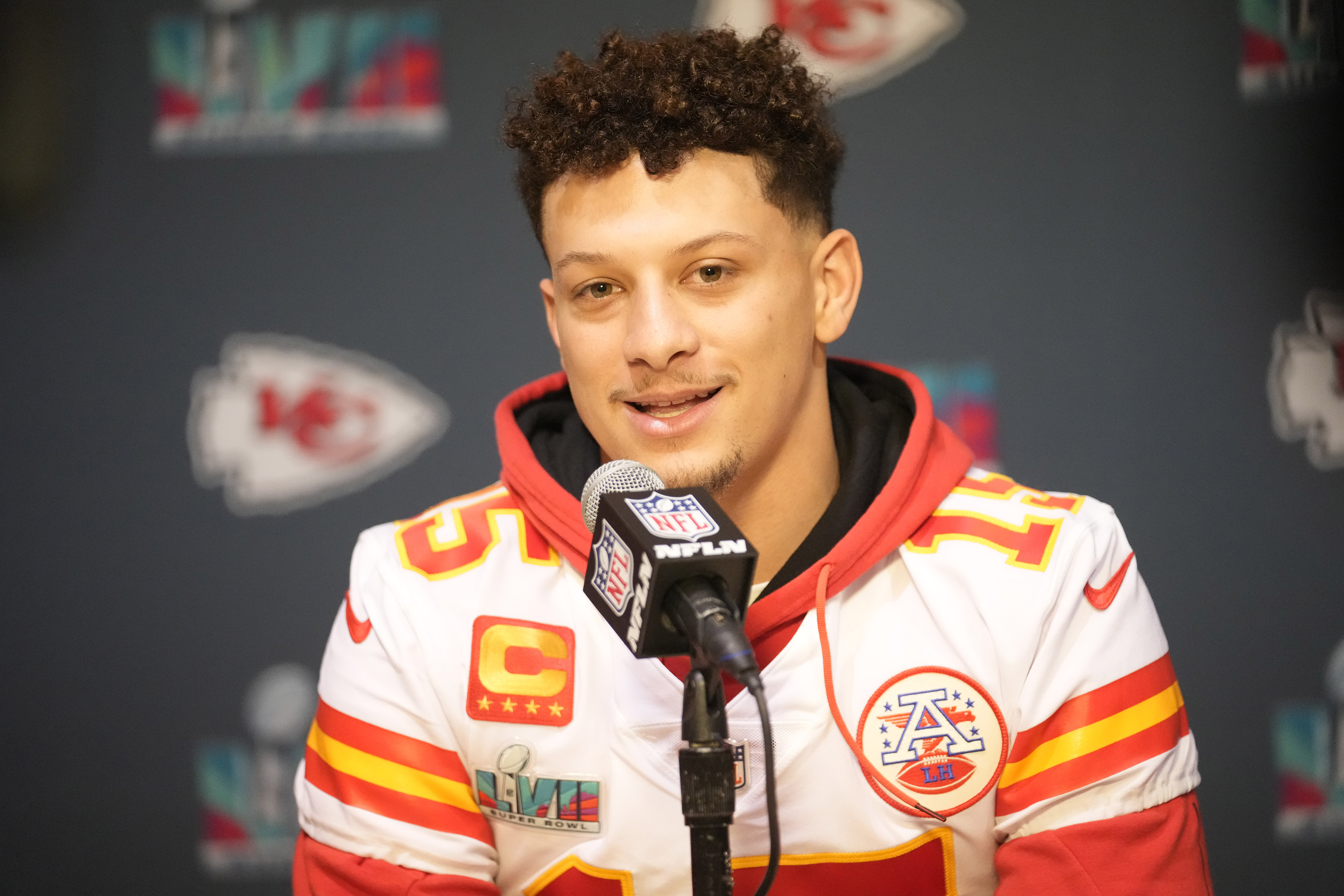 Kansas City Chiefs quarterback Patrick Mahomes answers questions during team media availability at Hyatt Regency Scottsdale Resort & Spa at Gainey Ranch.