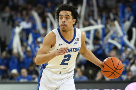 Creighton Bluejays guard Ryan Nembhard (2) dribbles against the Villanova Wildcats in the second half at CHI Health Center Omaha.