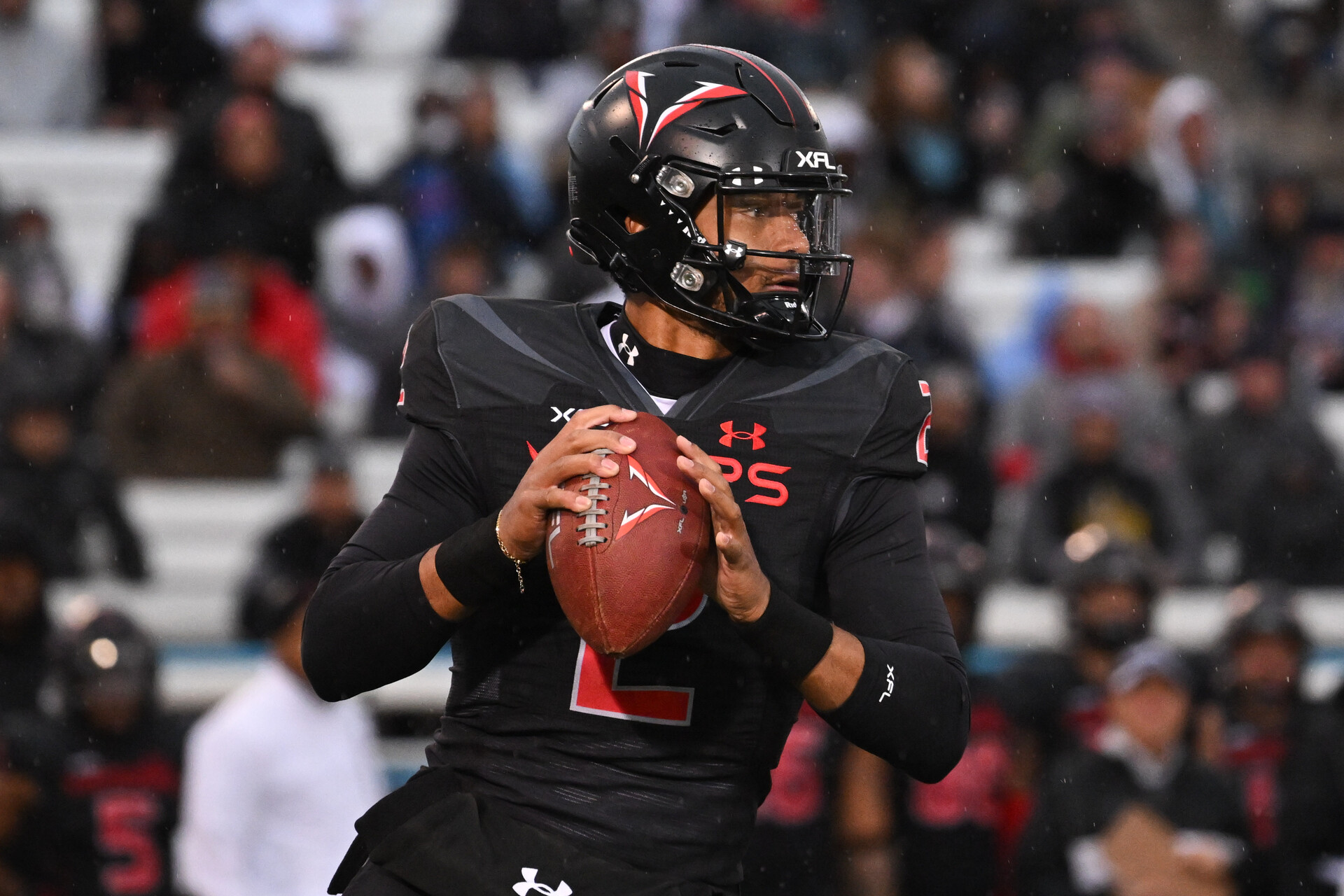 Vegas Vipers quarterback Brett Hundley (2) prepares to make a pass against the D.C. Defenders in the second quarter at Cashman Field.
