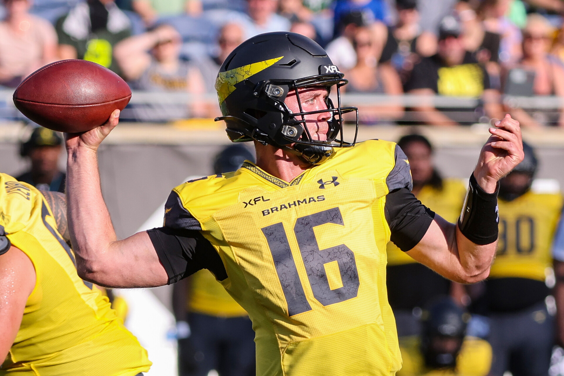 San Antonio Brahmas quarterback Jack Coan (16) passes the ball during the XFL game between the San Antonio Brahmas and the Orlando Guardians on February 26, 2023 at Camping World Stadium in Orlando, FL