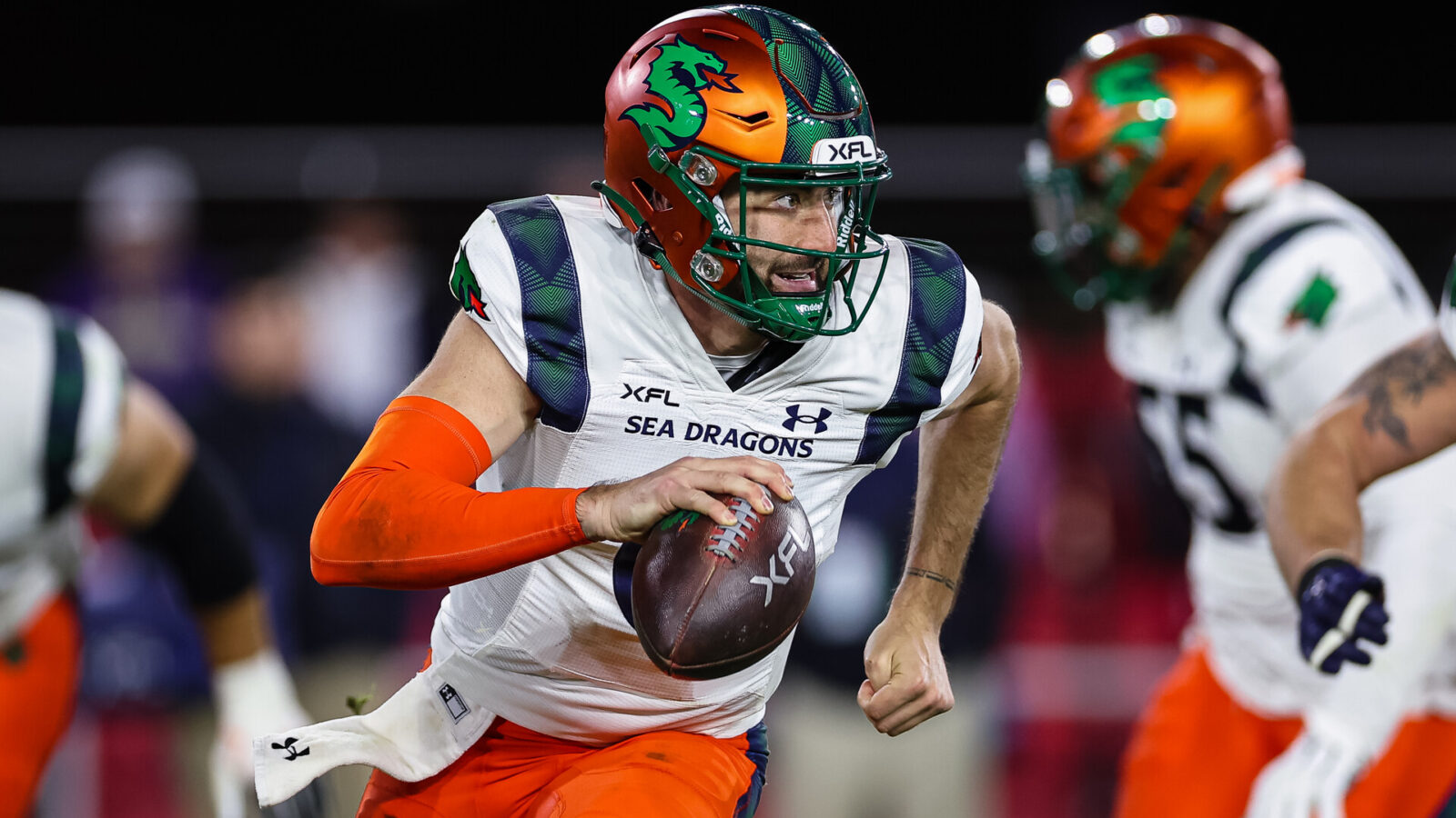 Ben DiNucci #6 of the Seattle Sea Dragons scrambles against the DC Defenders during the second half of the XFL game at Audi Field on February 19, 2023 in Washington, DC.