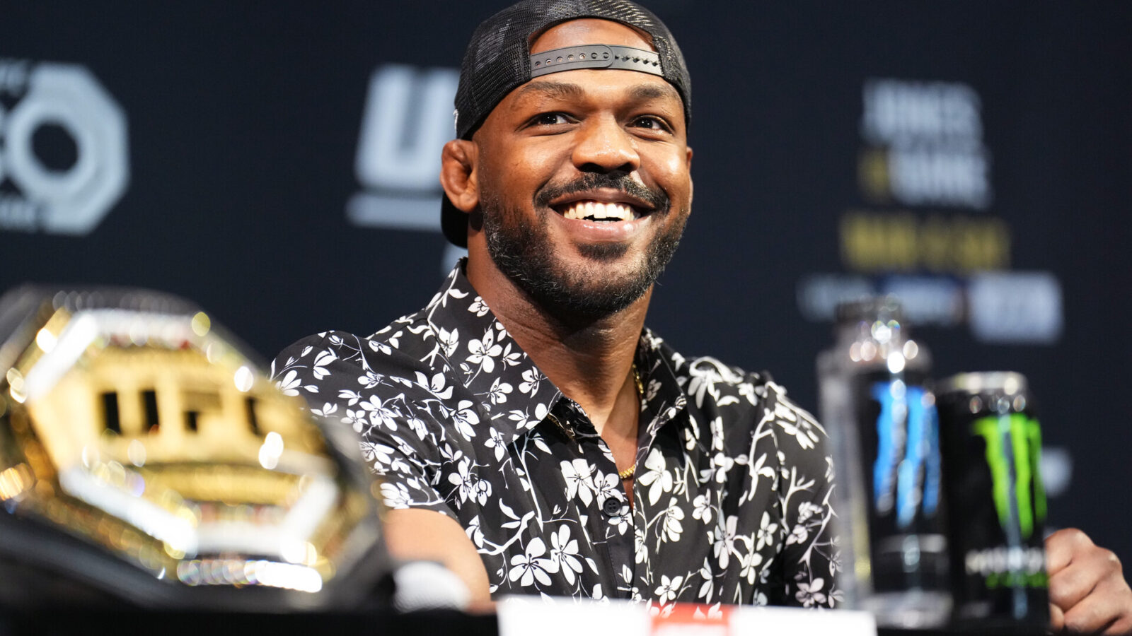 Jon Jones is seen on stage during the UFC 285 Press Conference at the KA Theatre at MGM Grand Hotel & Casino on March 02, 2023 in Las Vegas, Nevada.