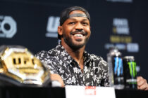 Jon Jones is seen on stage during the UFC 285 Press Conference at the KA Theatre at MGM Grand Hotel & Casino on March 02, 2023 in Las Vegas, Nevada.
