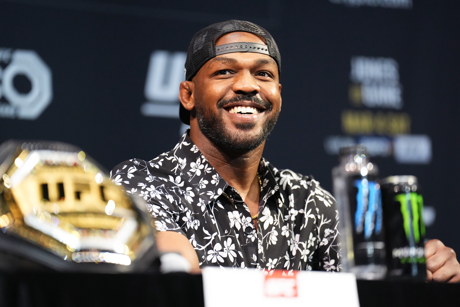 Jon Jones is seen on stage during the UFC 285 Press Conference at the KA Theatre at MGM Grand Hotel & Casino on March 02, 2023 in Las Vegas, Nevada.