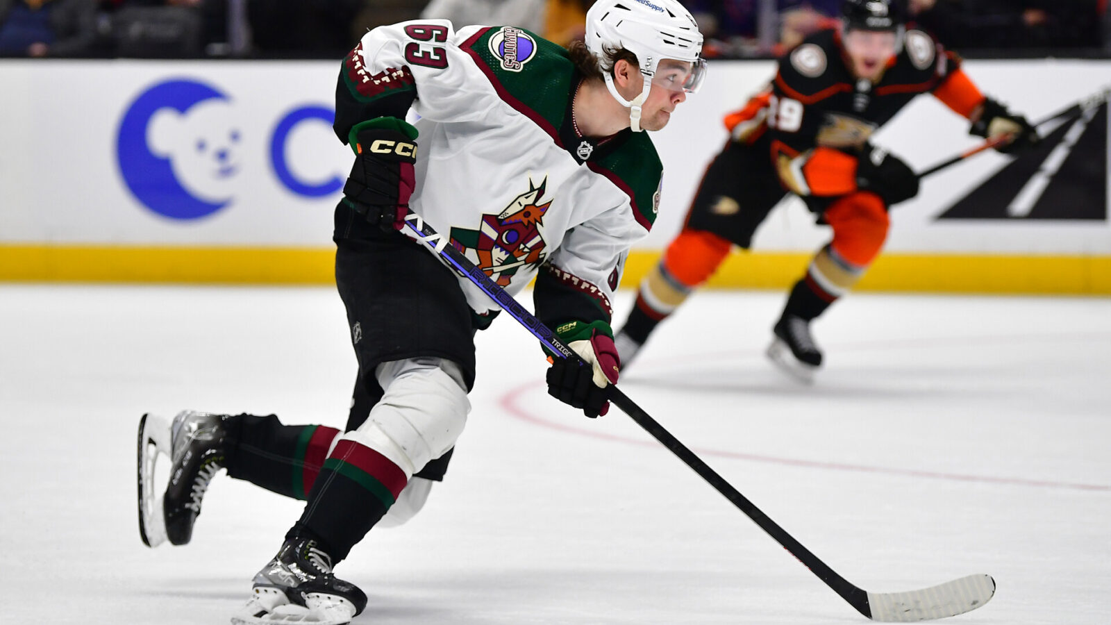 Jan 28, 2023; Anaheim, California, USA; Arizona Coyotes left wing Matias Maccelli (63) moves in for a shot on goal against the Anaheim Ducks during the third period at Honda Center.
