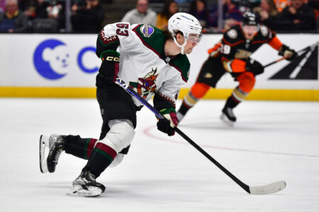 Jan 28, 2023; Anaheim, California, USA; Arizona Coyotes left wing Matias Maccelli (63) moves in for a shot on goal against the Anaheim Ducks during the third period at Honda Center.