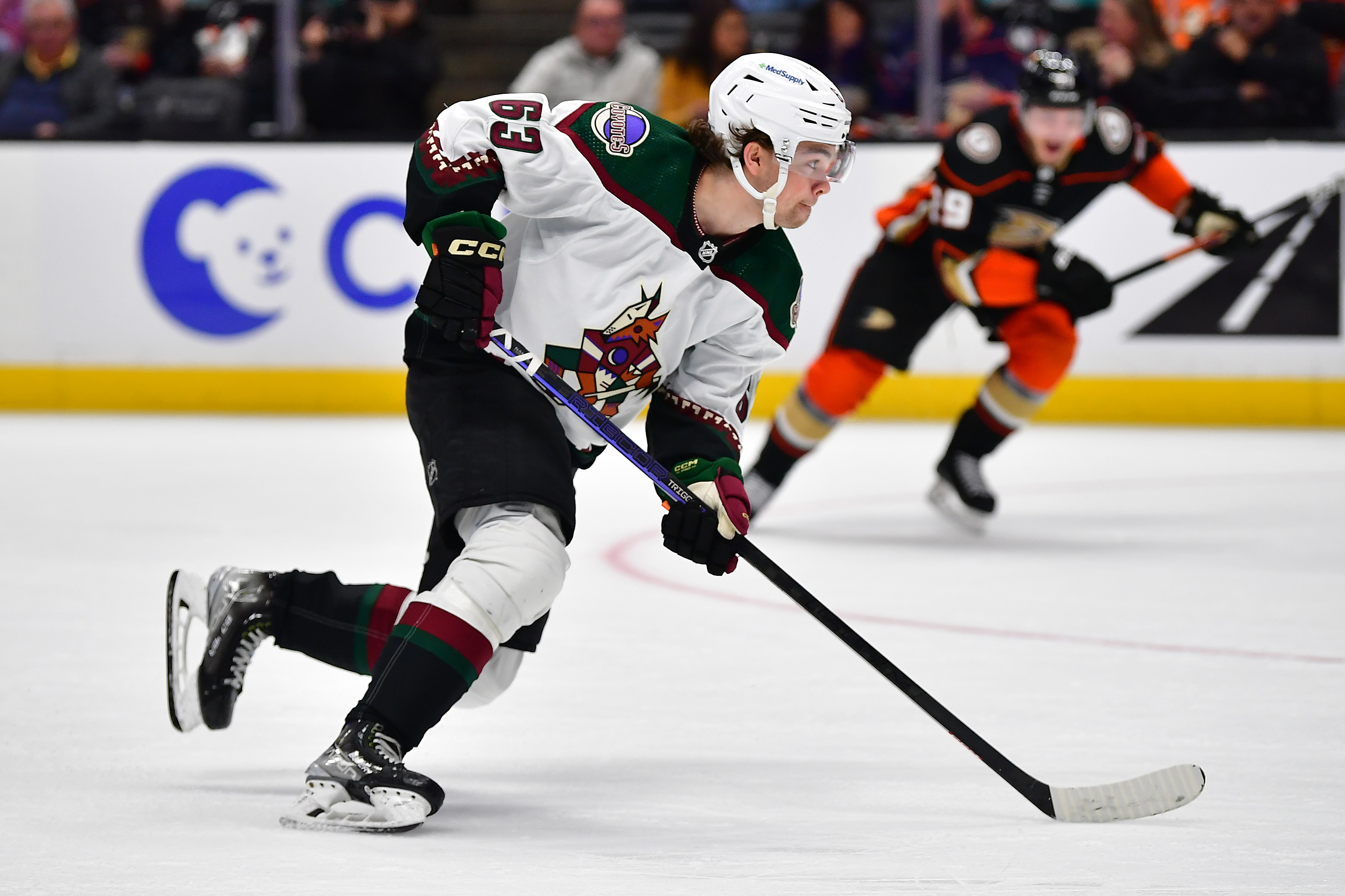 Jan 28, 2023; Anaheim, California, USA; Arizona Coyotes left wing Matias Maccelli (63) moves in for a shot on goal against the Anaheim Ducks during the third period at Honda Center.