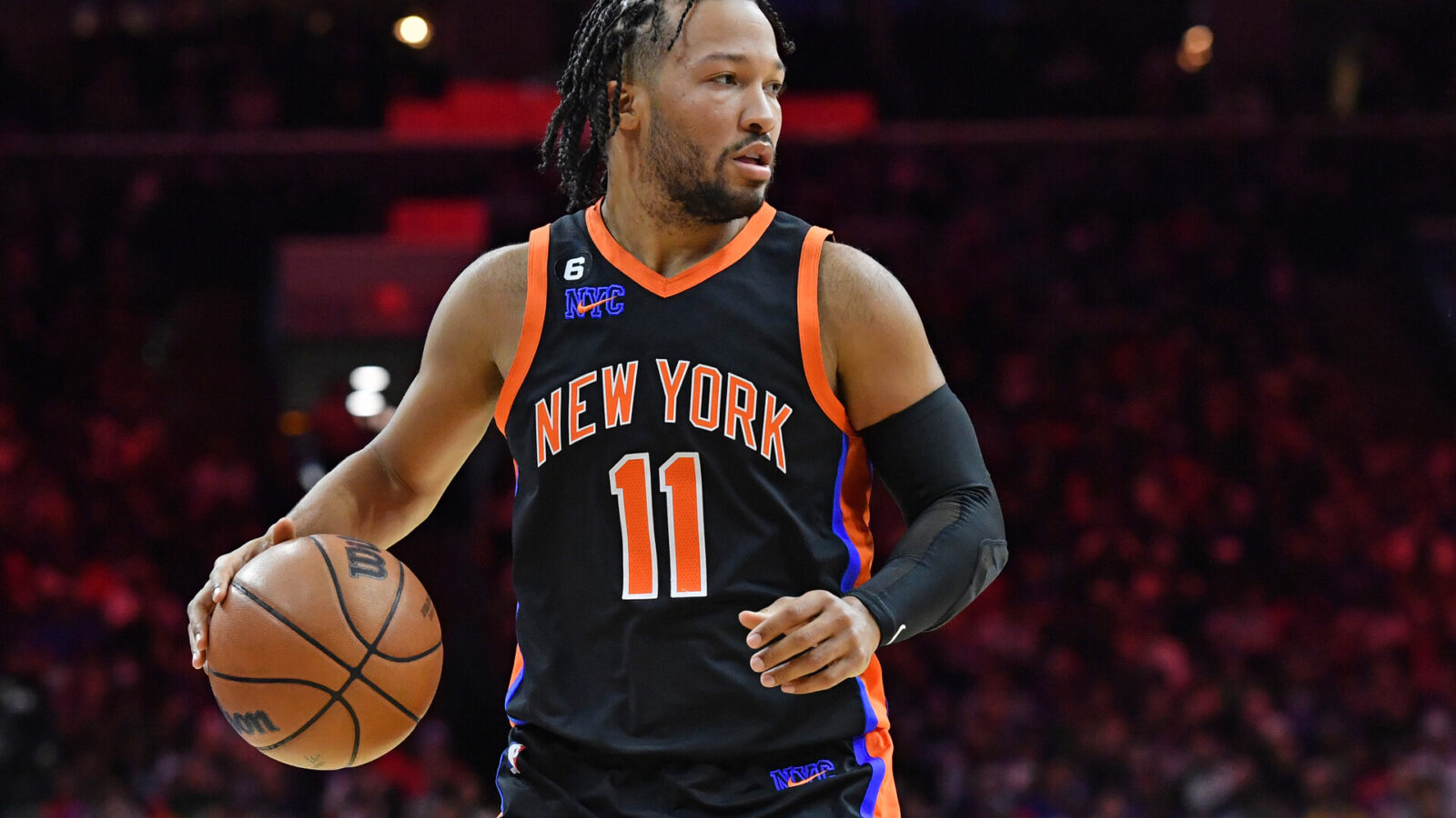 New York Knicks guard Jalen Brunson (11) against the Philadelphia 76ers at Wells Fargo Center.