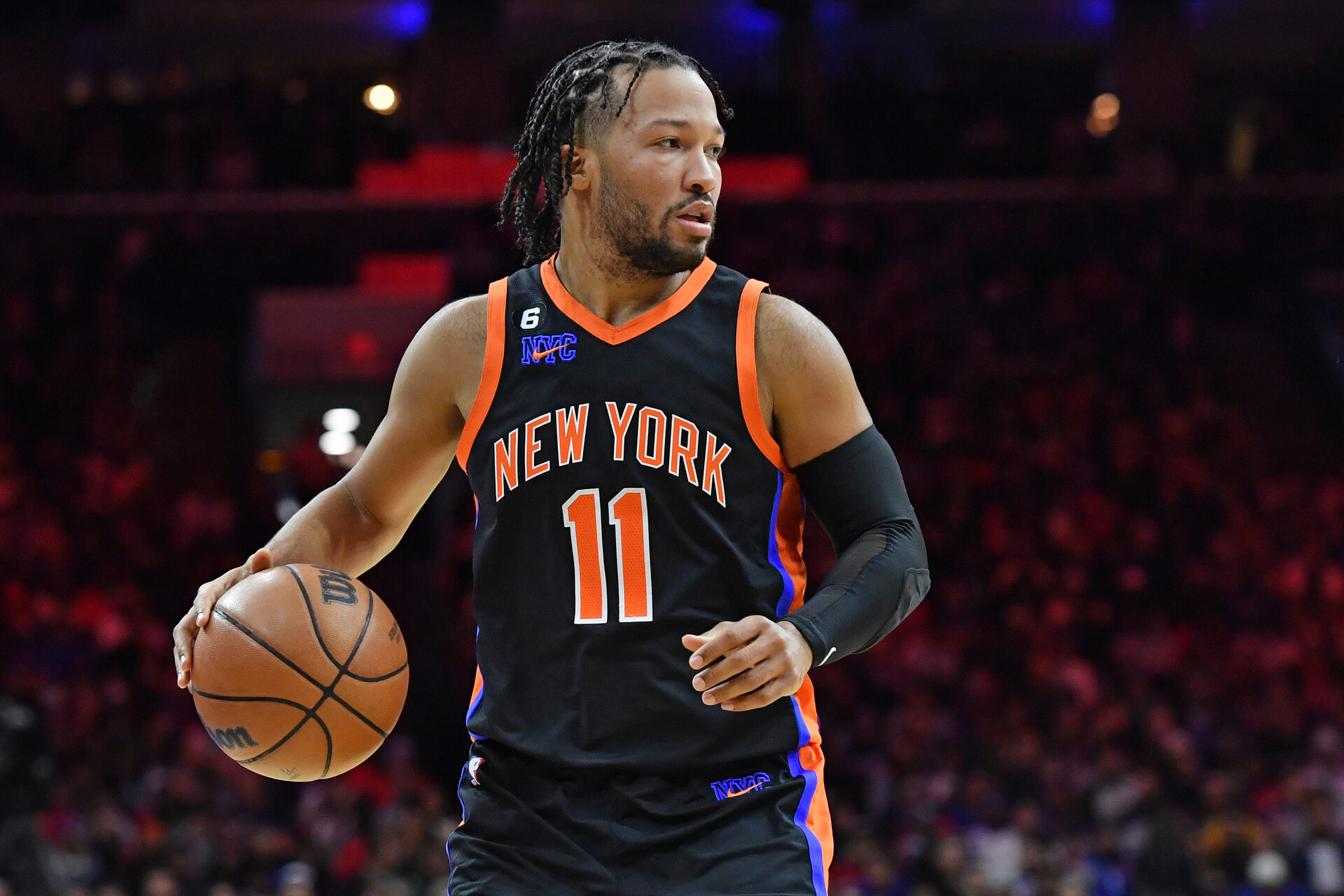 New York Knicks guard Jalen Brunson (11) against the Philadelphia 76ers at Wells Fargo Center.