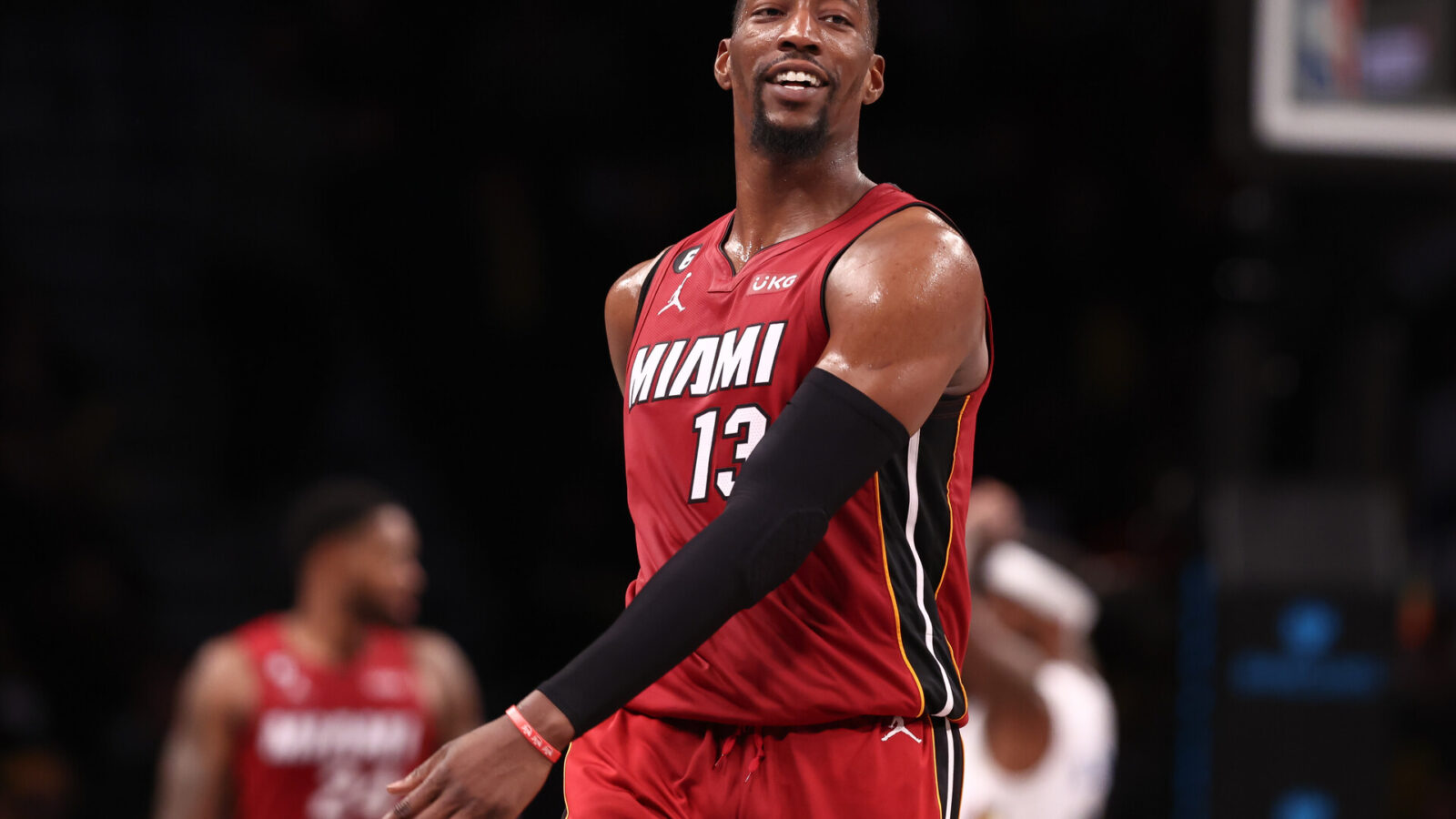 Miami Heat center Bam Adebayo (13) reacts after a basket against the Brooklyn Nets during the second half at Barclays Center.