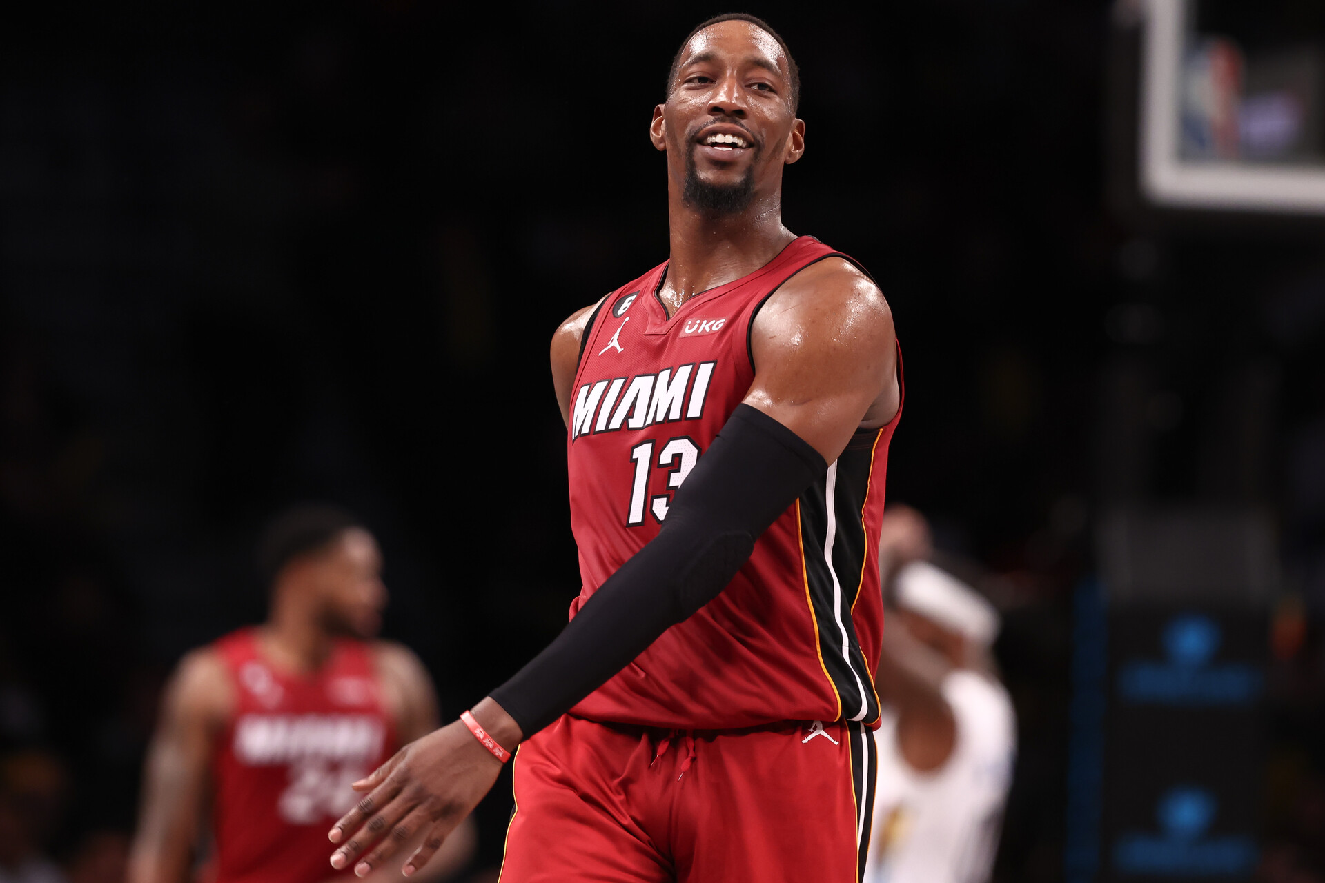 Miami Heat center Bam Adebayo (13) reacts after a basket against the Brooklyn Nets during the second half at Barclays Center.