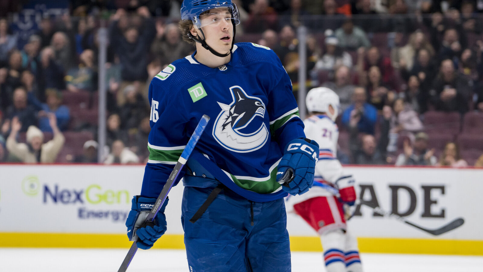 Feb 15, 2023; Vancouver, British Columbia, CAN; Vancouver Canucks forward Andrei Kuzmenko (96) celebrates his goal against the New York Rangers in the third period at Rogers Arena. Rangers won 6-4.