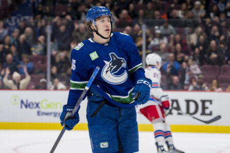Feb 15, 2023; Vancouver, British Columbia, CAN; Vancouver Canucks forward Andrei Kuzmenko (96) celebrates his goal against the New York Rangers in the third period at Rogers Arena. Rangers won 6-4.