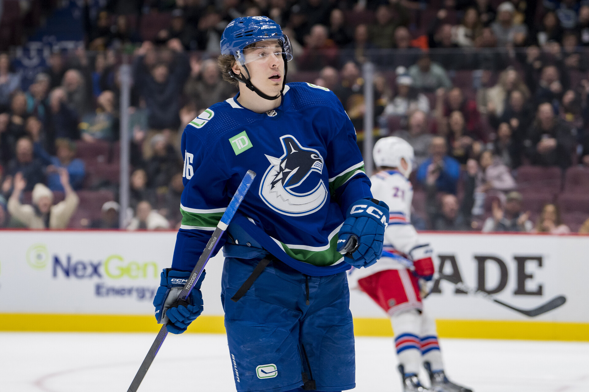 Feb 15, 2023; Vancouver, British Columbia, CAN; Vancouver Canucks forward Andrei Kuzmenko (96) celebrates his goal against the New York Rangers in the third period at Rogers Arena. Rangers won 6-4.