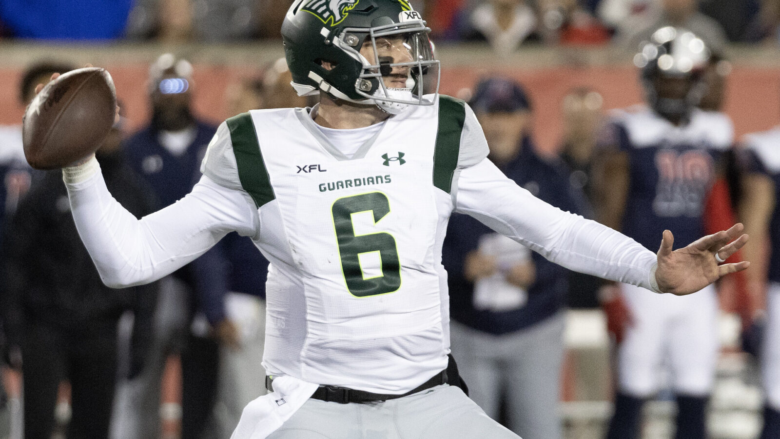 Orlando Guardians quarterback Paxton Lynch (6) drops back to pass against the Houston Roughnecks in the first quarter at TDECU Stadium.