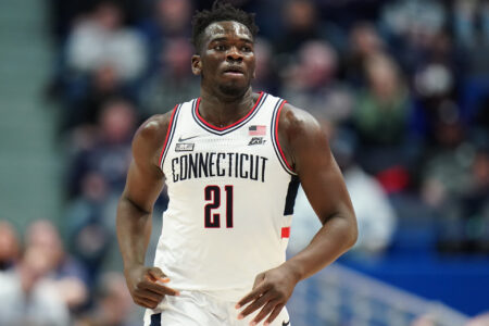 UConn Huskies forward Adama Sanogo (21) returns up court against the DePaul Blue Demons in the second half at XL Center.