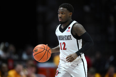 San Diego State Aztecs guard Darrion Trammell (12) dribbles the ball during the second half against the Wyoming Cowboys at Viejas Arena.