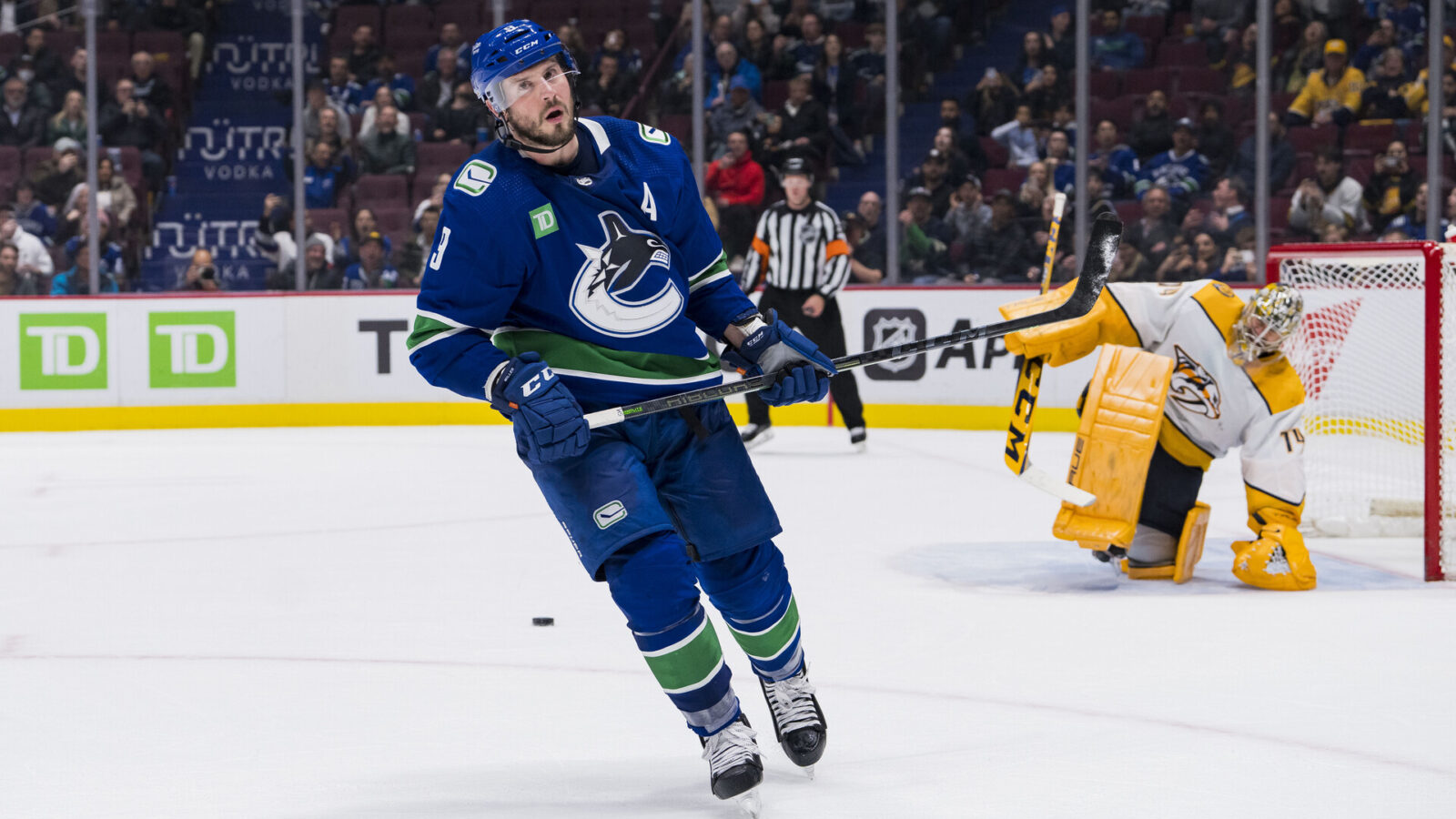 Mar 6, 2023; Vancouver, British Columbia, CAN; Vancouver Canucks forward J.T. Miller (9) reacts after Nashville Predators goalie Juuse Saros (74) made a save on Miller during the shootout at Rogers Arena.