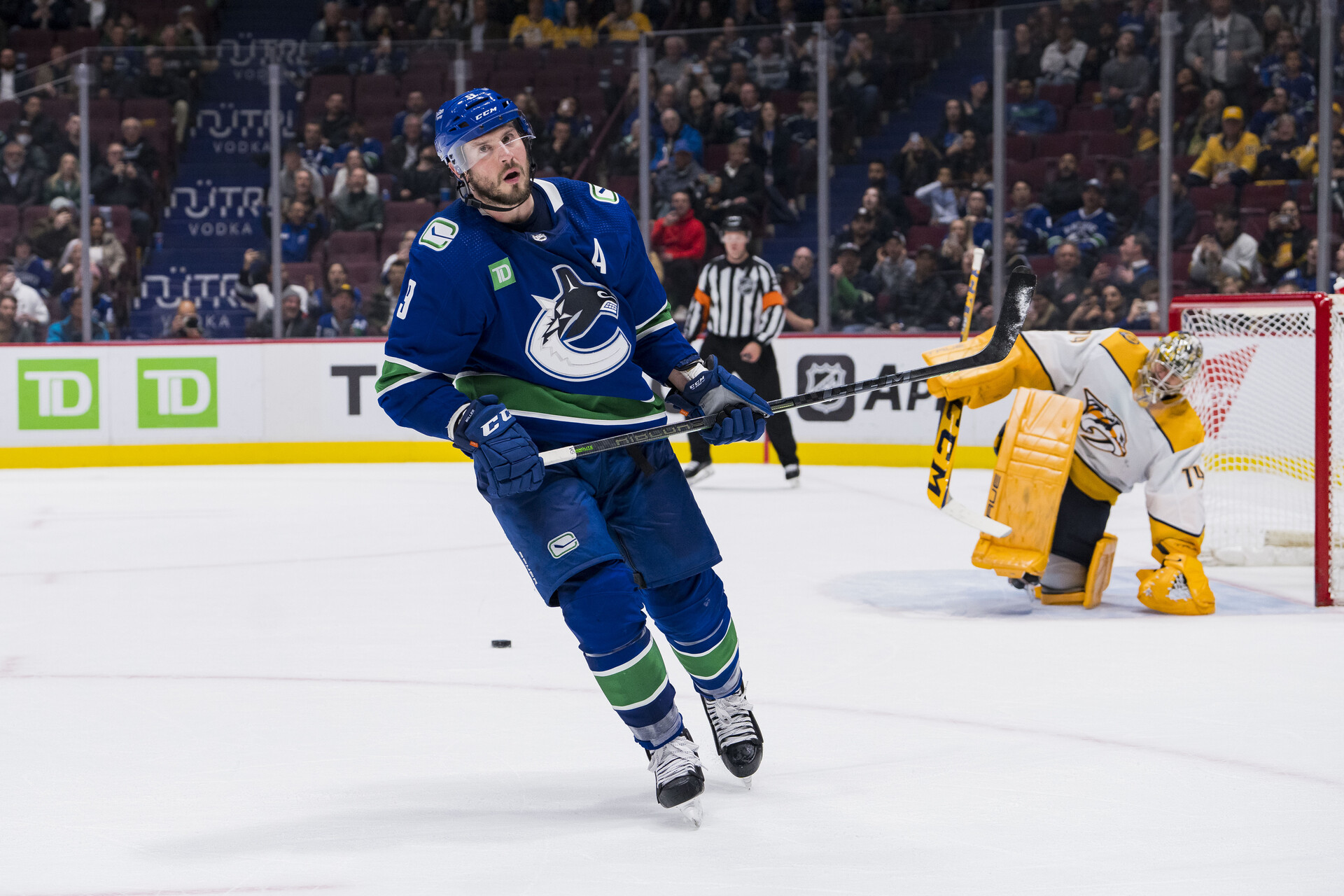 Mar 6, 2023; Vancouver, British Columbia, CAN; Vancouver Canucks forward J.T. Miller (9) reacts after Nashville Predators goalie Juuse Saros (74) made a save on Miller during the shootout at Rogers Arena.