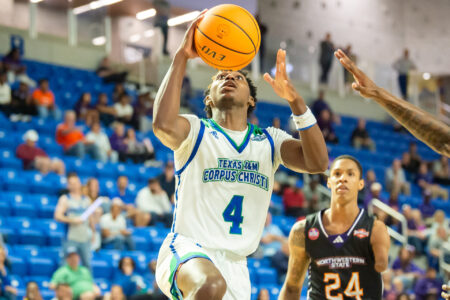 Texas A&M-Corpus Christi Islanders guard Jalen Jackson (4) drives to the basket against the Northwestern State Demons during the Southland Basketball Championships at the Legacy Center.