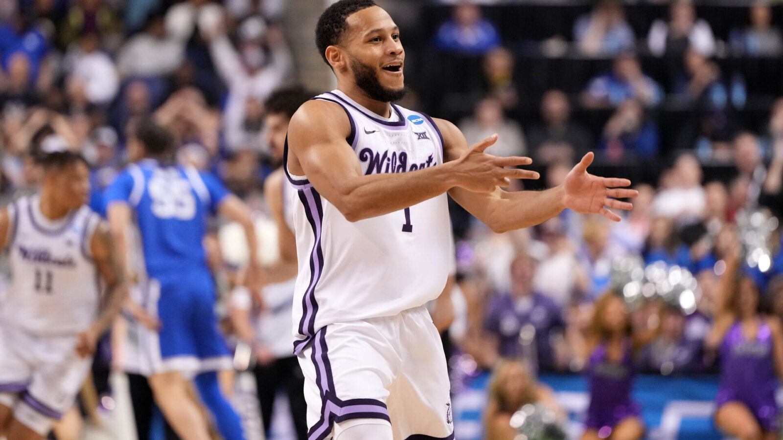 Kansas State Wildcats guard Markquis Nowell (1) reacts to a play against the Kentucky Wildcats during the second half in the second round of the 2023 NCAA men’s basketball tournament at Greensboro Coliseum.