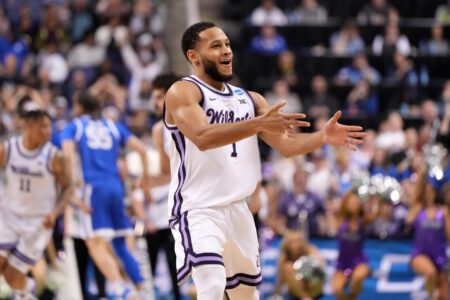 Kansas State Wildcats guard Markquis Nowell (1) reacts to a play against the Kentucky Wildcats during the second half in the second round of the 2023 NCAA men’s basketball tournament at Greensboro Coliseum.