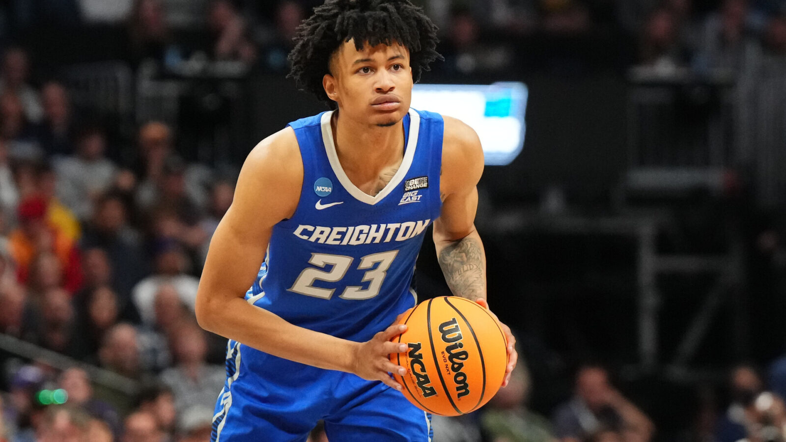 Creighton Bluejays guard Trey Alexander (23) controls the ball in the second half against the Baylor Bears at Ball Arena.