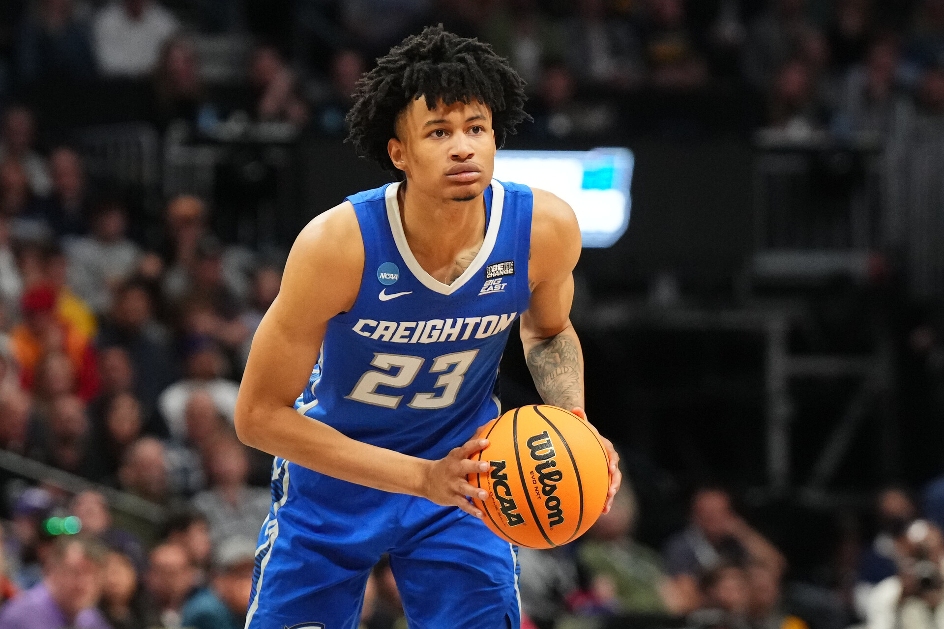Creighton Bluejays guard Trey Alexander (23) controls the ball in the second half against the Baylor Bears at Ball Arena.