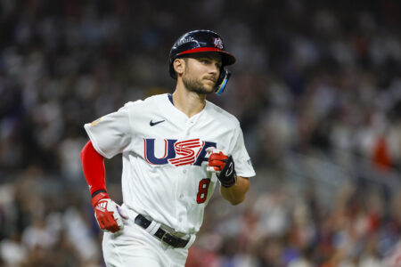 USA shortstop Trea Turner (8) circles the bases after hitting a home run during the second inning against Cuba at LoanDepot Park.