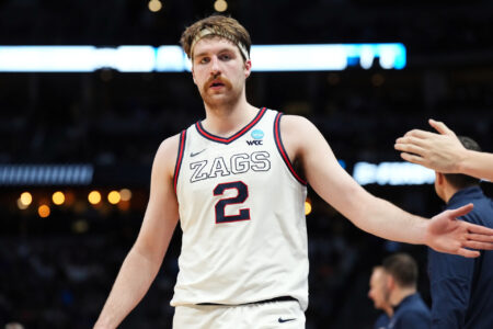 Gonzaga Bulldogs forward Drew Timme (2) slaps hands with the bench in the second half against the TCU Horned Frogs at Ball Arena.