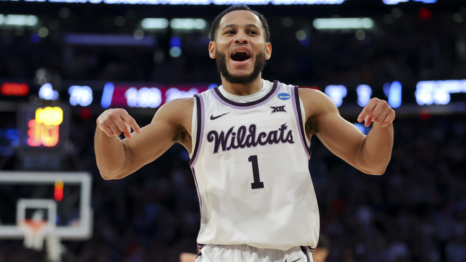 Kansas State Wildcats guard Markquis Nowell (1) yells as he reacts in the game against the Michigan State Spartans in the second half at Madison Square Garden.