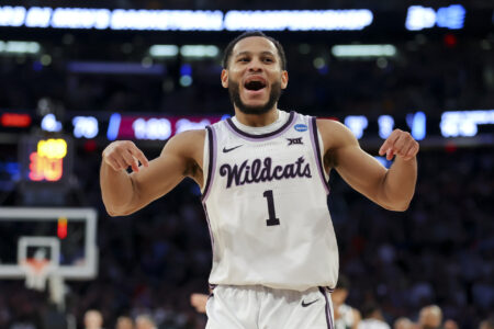 Kansas State Wildcats guard Markquis Nowell (1) yells as he reacts in the game against the Michigan State Spartans in the second half at Madison Square Garden.