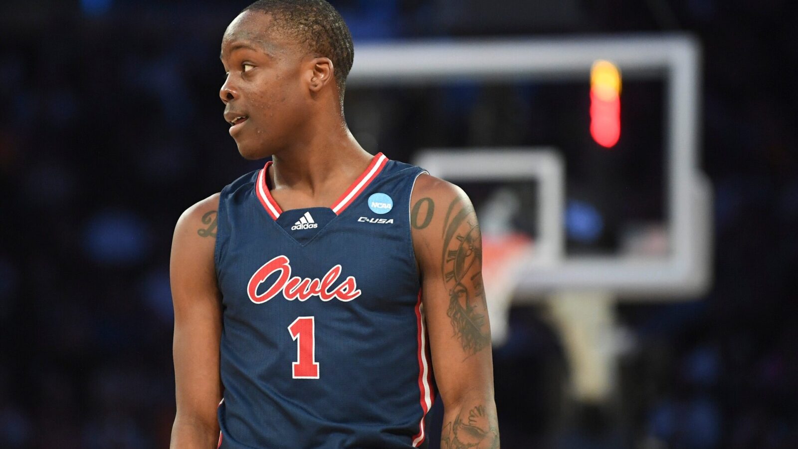 Florida Atlantic University guard Johnell Davis (1) is seen on the court during a NCAA Tournament Sweet 16 game between Tennessee and FAU in Madison Square Garden, Thursday, March 23, 2023.