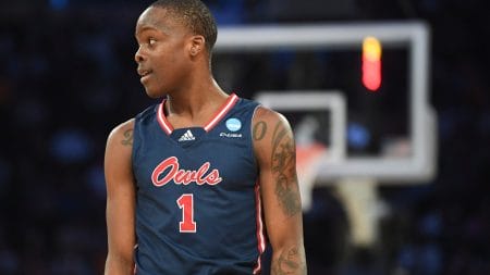 Florida Atlantic University guard Johnell Davis (1) is seen on the court during a NCAA Tournament Sweet 16 game between Tennessee and FAU in Madison Square Garden, Thursday, March 23, 2023.