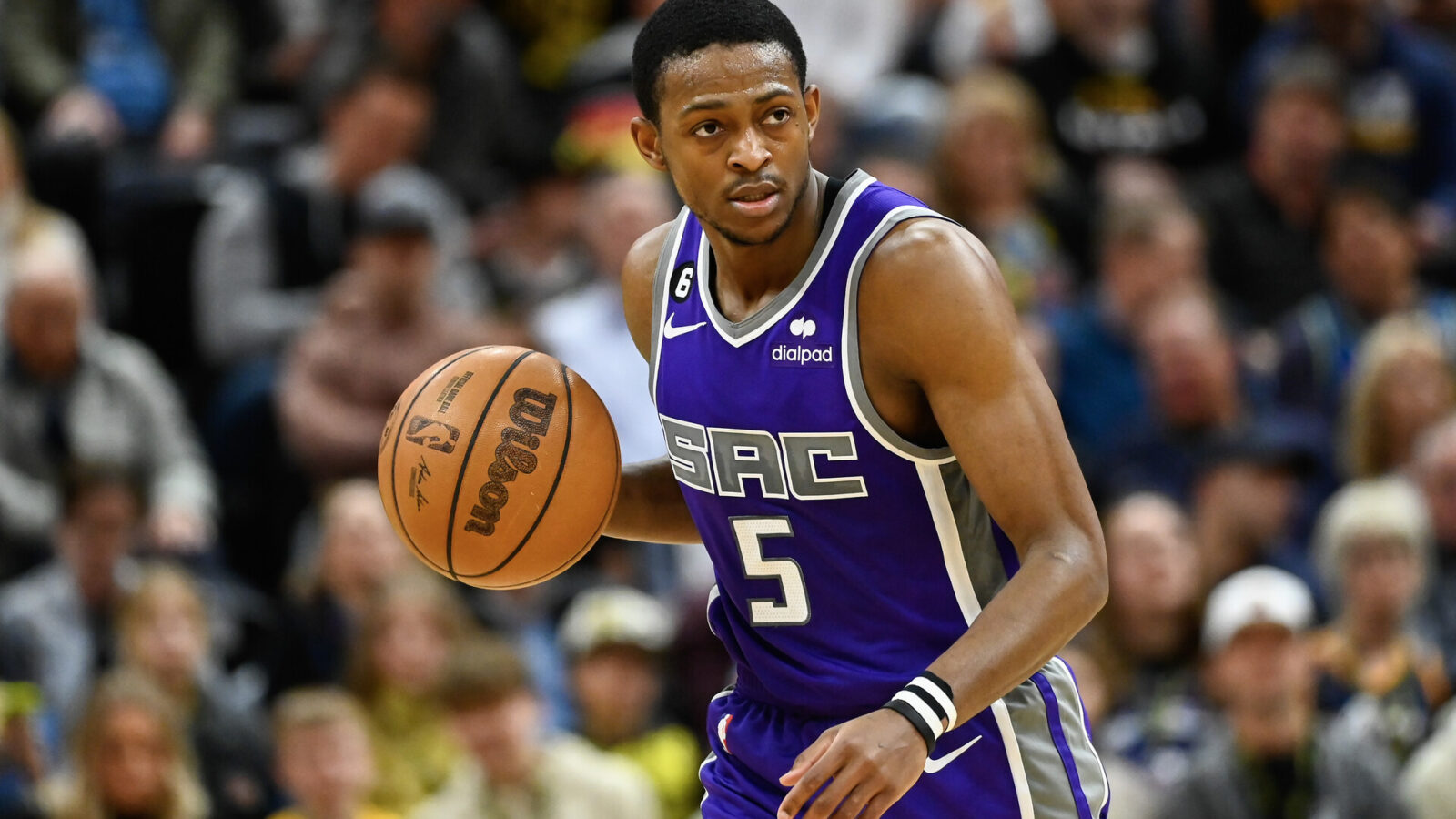 De'Aaron Fox #5 of the Sacramento Kings in action during the second half against the Utah Jazz at Vivint Arena on March 20, 2023 in Salt Lake City, Utah.