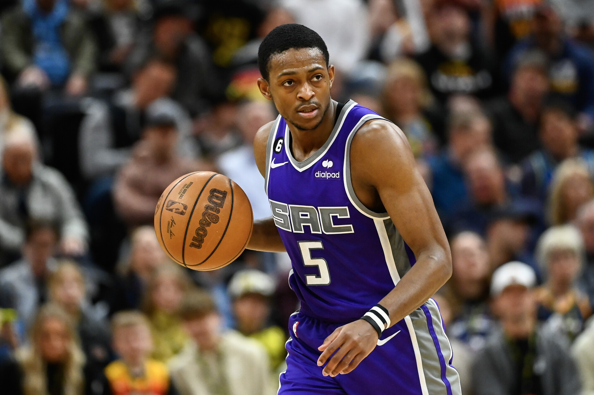 De'Aaron Fox #5 of the Sacramento Kings in action during the second half against the Utah Jazz at Vivint Arena on March 20, 2023 in Salt Lake City, Utah.