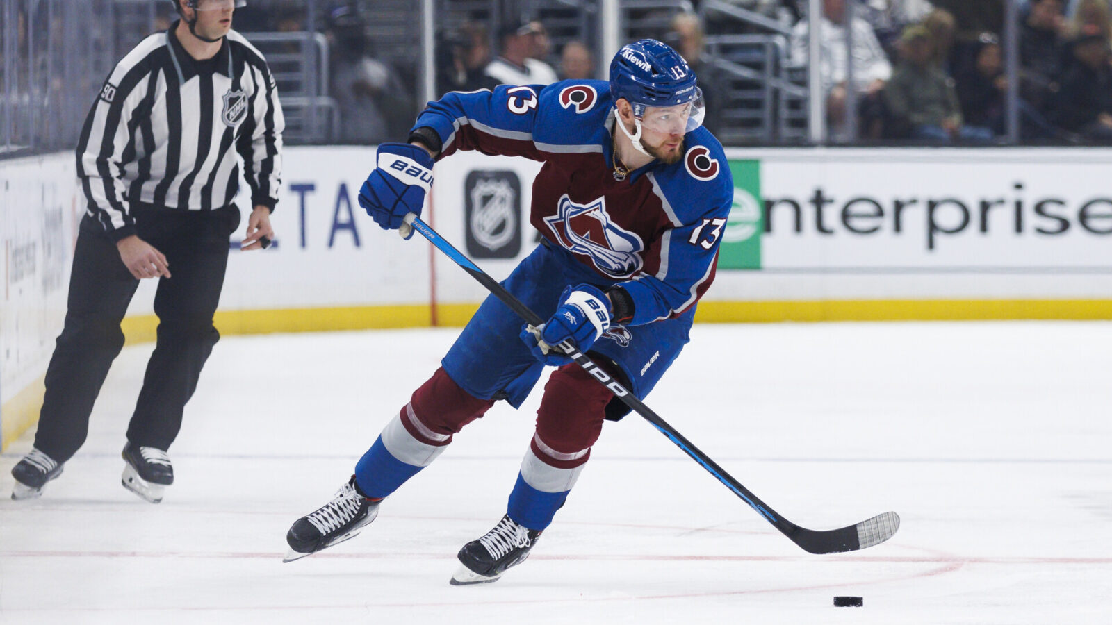LOS ANGELES, CA - APRIL 08: Colorado Avalanche right wing Valeri Nichushkin (13) skates with the puck during an NHL hockey game between the Colorado Avalanche and the LA Kings on April 8, 2023 at Crypto.com Arena in Los Angeles, CA. (Photo by