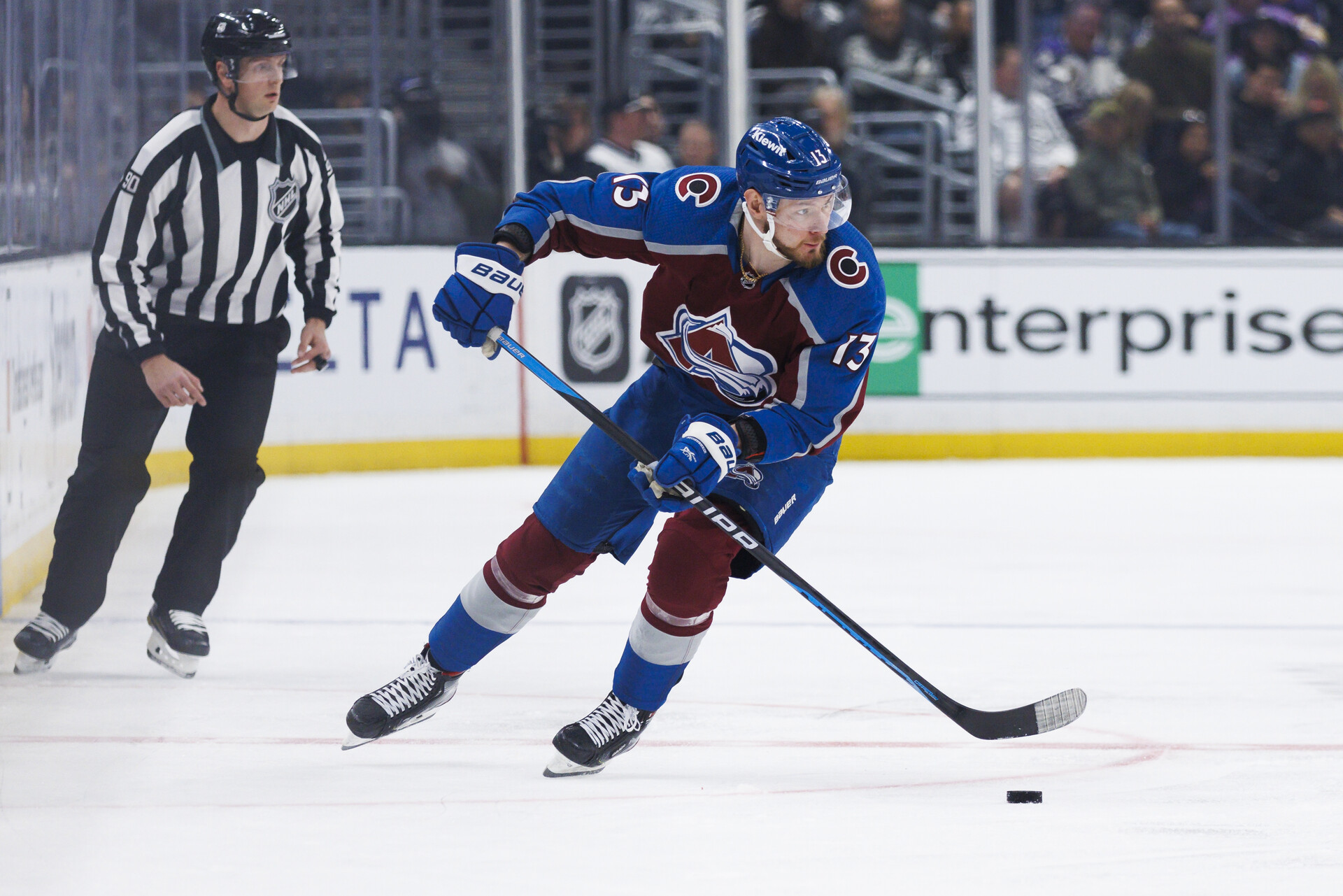 LOS ANGELES, CA - APRIL 08: Colorado Avalanche right wing Valeri Nichushkin (13) skates with the puck during an NHL hockey game between the Colorado Avalanche and the LA Kings on April 8, 2023 at Crypto.com Arena in Los Angeles, CA. (Photo by