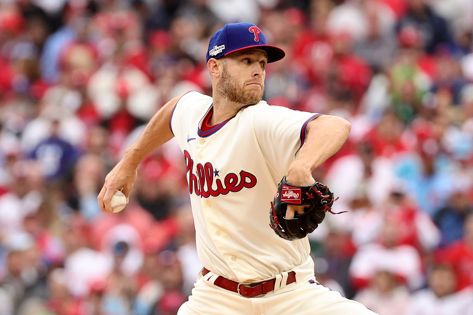 Zack Wheeler #45 of the Philadelphia Phillies throws a pitch during the first inning against the San Diego Padres in game five of the National League Championship Series at Citizens Bank Park on October 23, 2022 in Philadelphia, Pennsylvania.