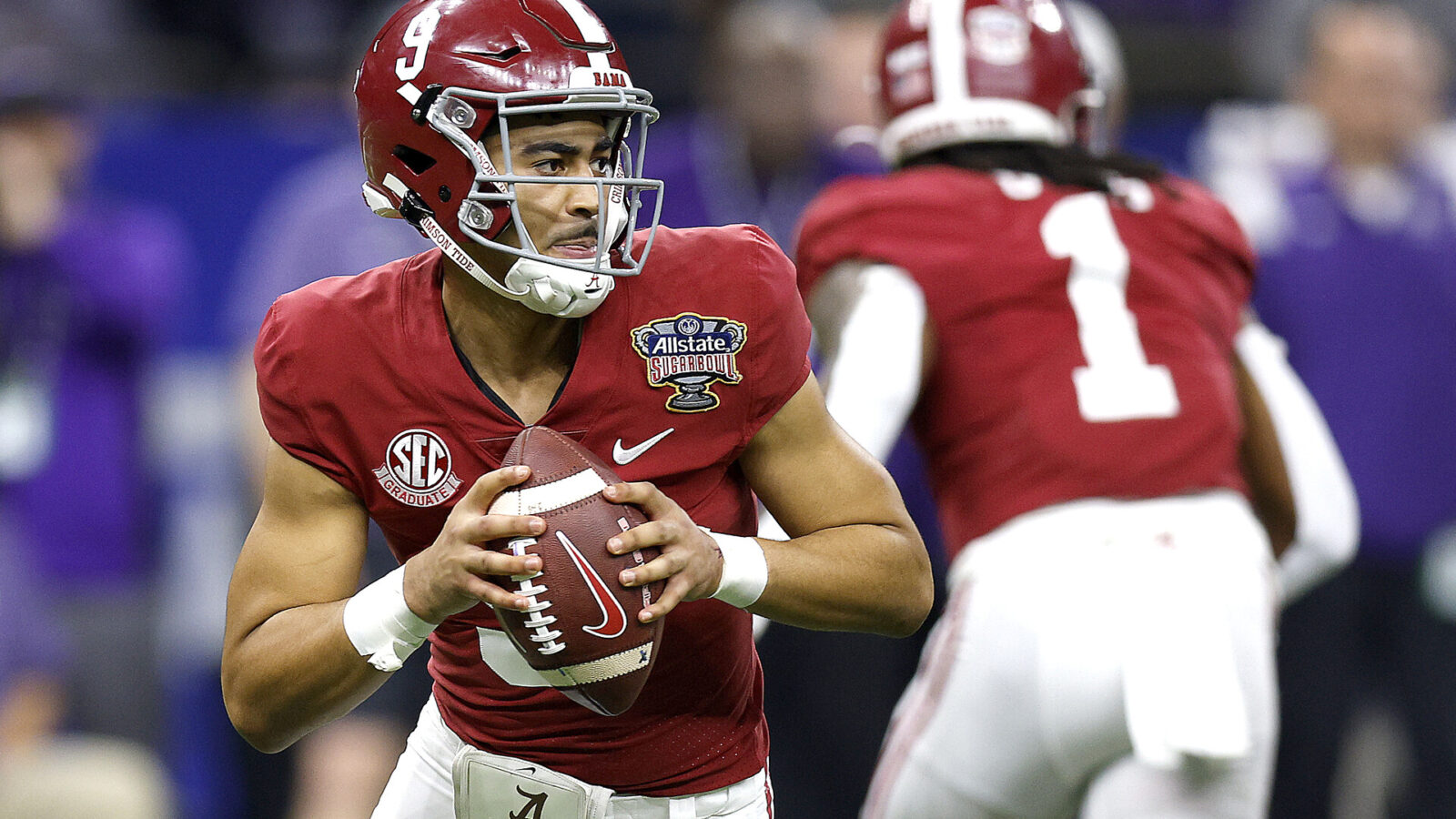 Bryce Young #9 of the Alabama Crimson Tide looks to pass during the second quarter of the Allstate Sugar Bowl against the Kansas State Wildcats at Caesars Superdome on December 31, 2022 in New Orleans, Louisiana.
