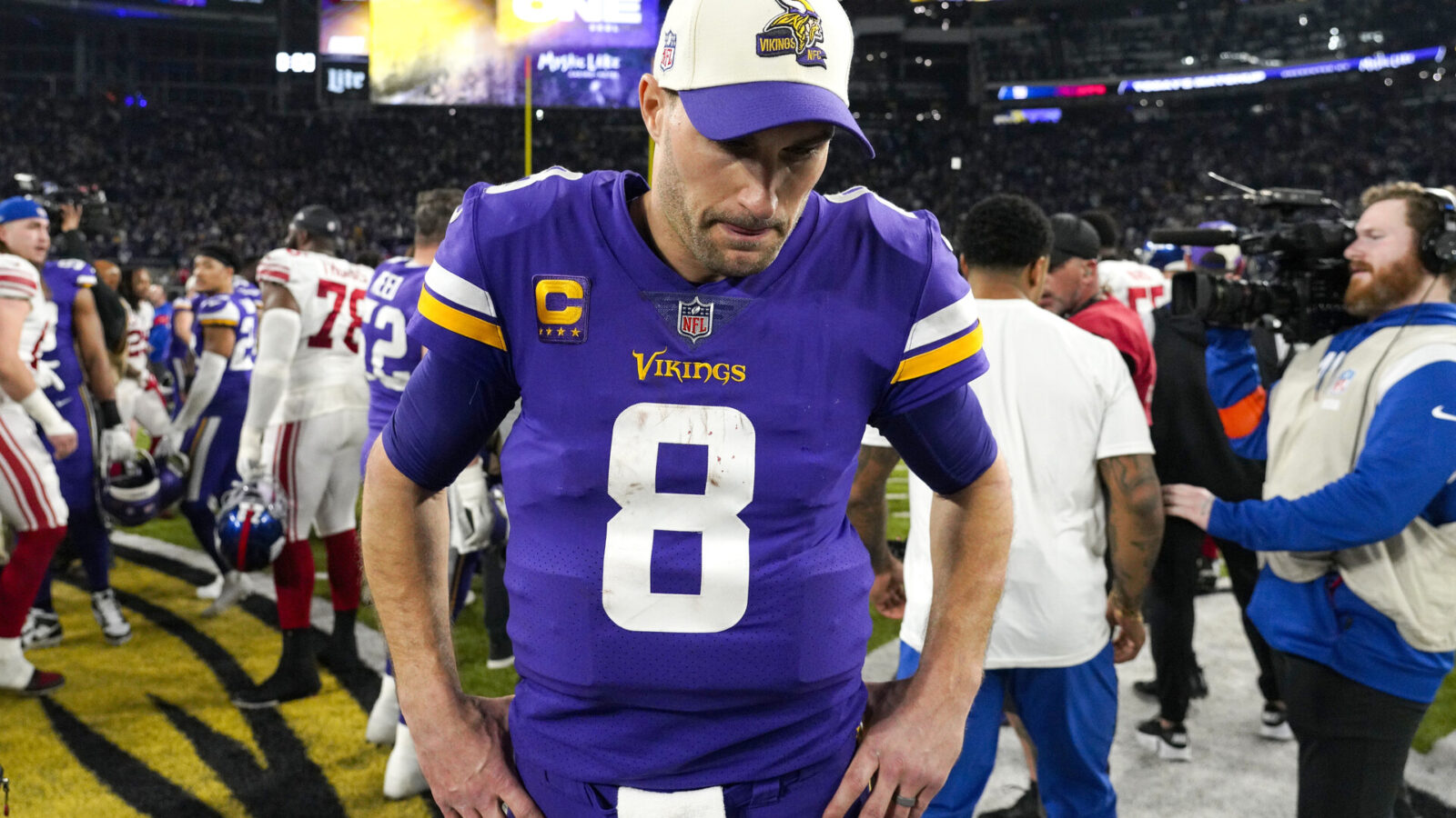 Kirk Cousins #8 of the Minnesota Vikings reacts after losing to the New York Giants in the NFC Wild Card playoff game at U.S. Bank Stadium on January 15, 2023 in Minneapolis, Minnesota.