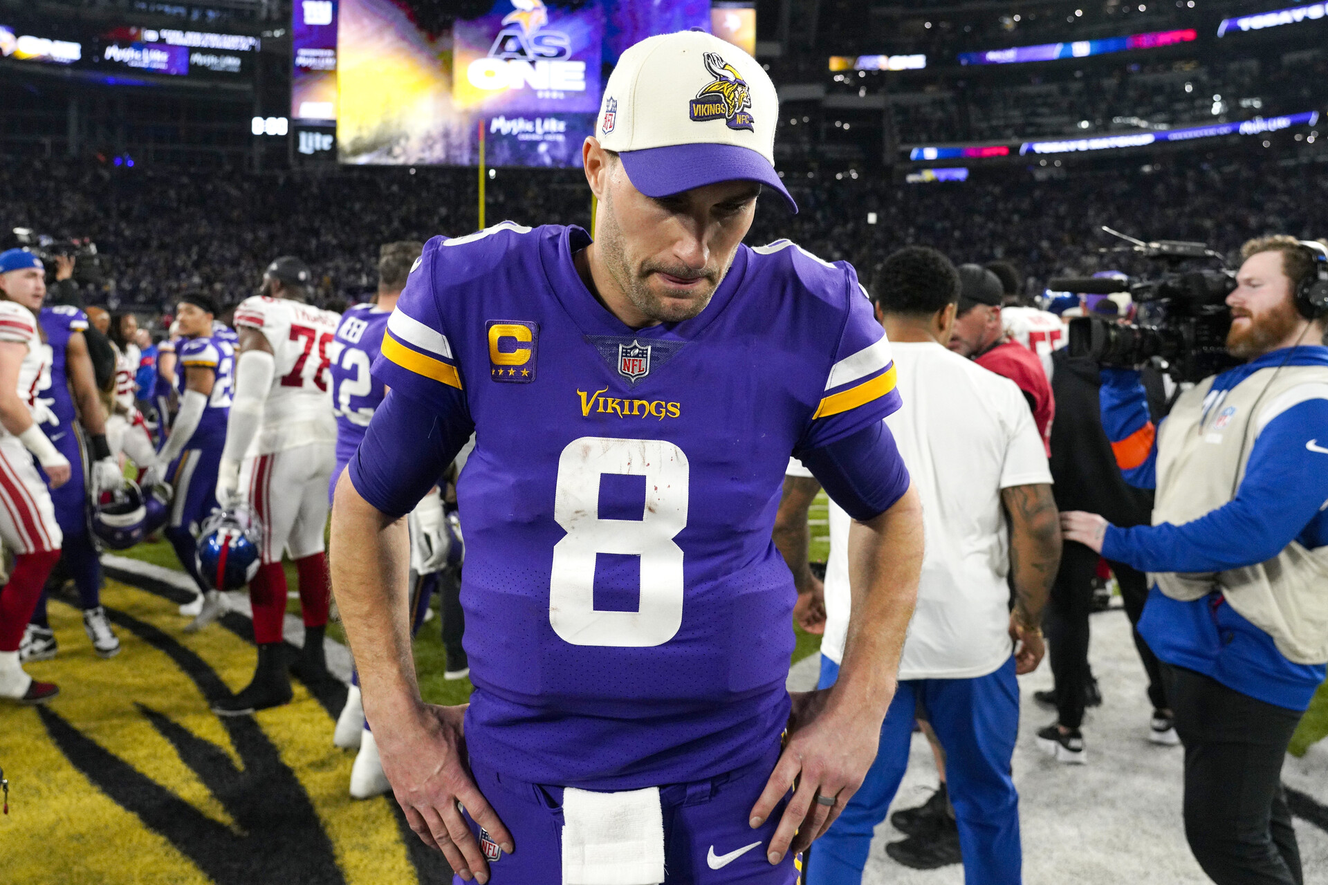 Kirk Cousins #8 of the Minnesota Vikings reacts after losing to the New York Giants in the NFC Wild Card playoff game at U.S. Bank Stadium on January 15, 2023 in Minneapolis, Minnesota.